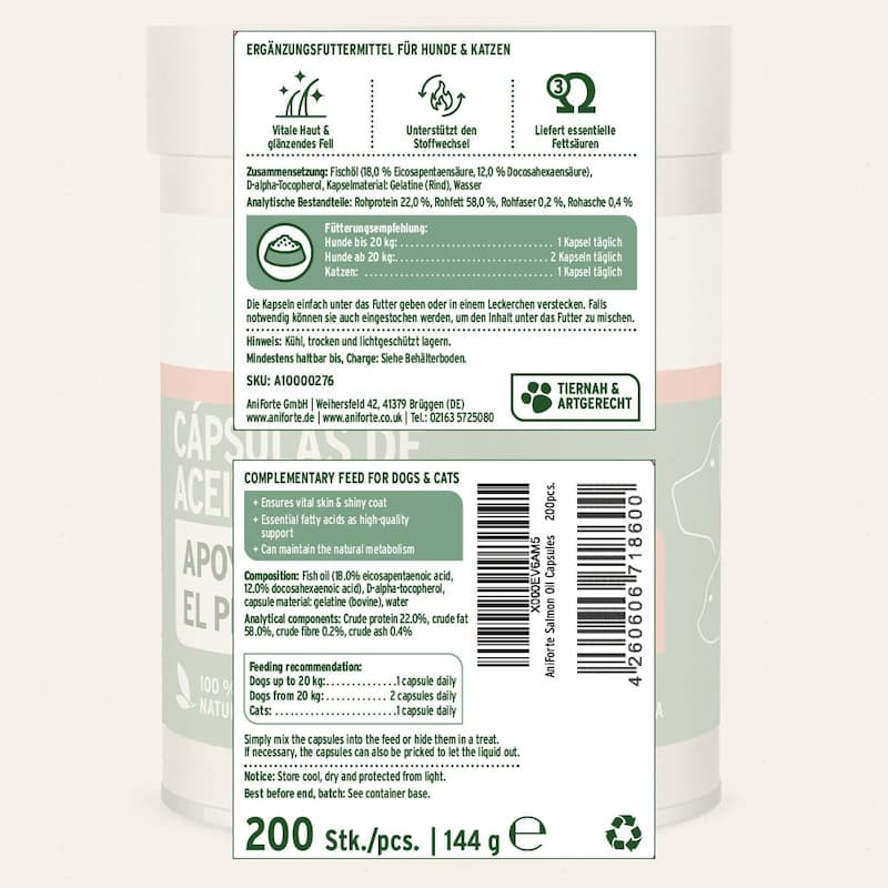 Aniforte Suplemento ACEITE DE SALMÓN 200 cápsulas para Perros y Gatos - Imagen 3