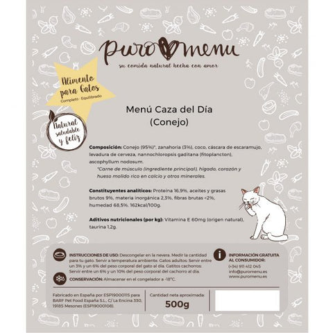 Puromenu Menú BARF CONEJO (Caza del Día) 800 g para Gatos y Gatitos - Imagen 2