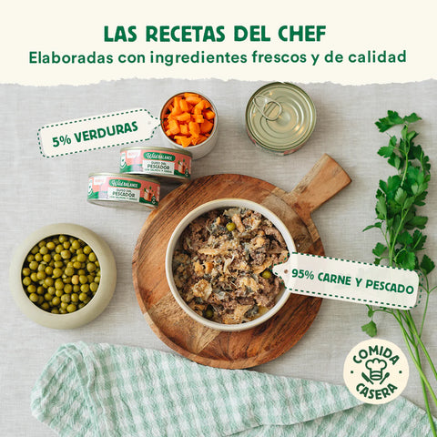 Wild Balance Comida HÚMEDA Completa - LATA Guiso Pescador SALMÓN y CERDO con Verduras (Recetas Chef) 80 g para Gatos - Imagen 2