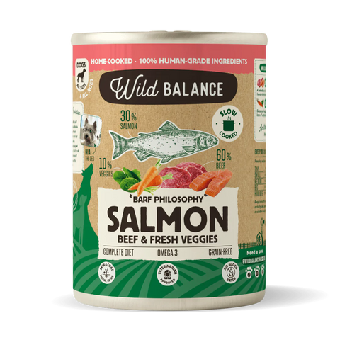 Wild Balance Lata SALMÓN Y TERNERA con Verduras (Comida Cocinada Húmeda-Filosofía BARF) 400 g para Perros de Wild Balance disponible en Emperrados para cuidar a tu peludo.