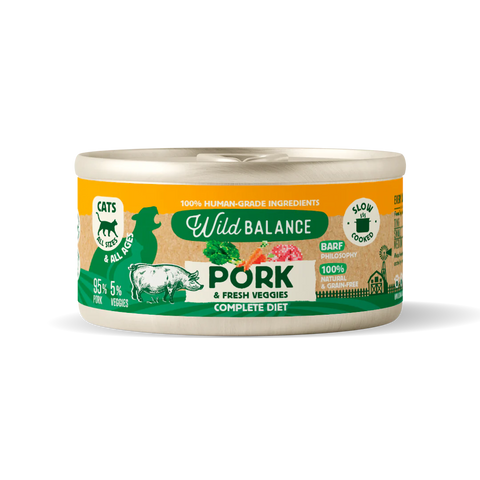 Wild Balance Lata CERDO y Verduras (Comida Cocinada Húmeda-Filosofía BARF) 120 g para Gatos de Wild Balance disponible en Emperrados para cuidar a tu peludo.