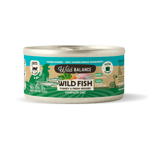 Wild Balance Lata PESCADO y PAVO con Verduras (Comida Cocinada Húmeda-Filosofía BARF) 120 g para Gatos de Wild Balance disponible en Emperrados para cuidar a tu peludo.