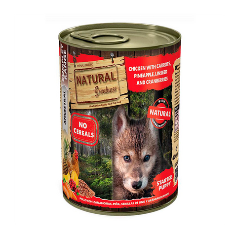 Natural Greatness Lata POLLO con zanahorias, piña, semillas de lino y arándanos rojos 400 g para Perros de Natural Greatness disponible en Emperrados para cuidar a tu peludo.
