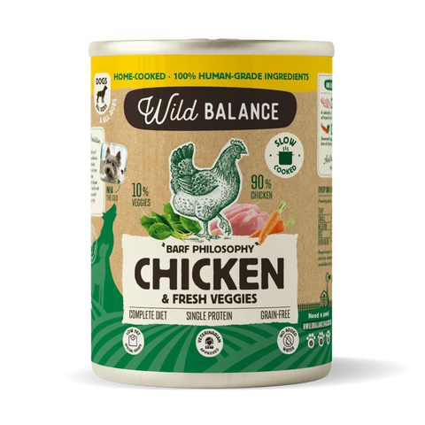 Wild Balance Lata POLLO y Verduras (Comida Cocinada Húmeda-Filosofía BARF) 400 g para Perros de Wild Balance disponible en Emperrados para cuidar a tu peludo.