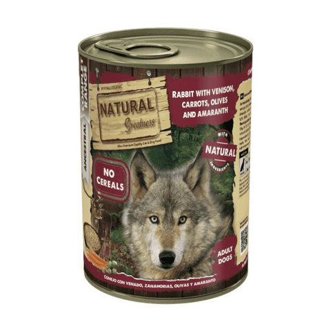 Natural Greatness Lata CONEJO con venado, zanahorias, aceitunas y amaranto 400 g para Perros de Natural Greatness disponible en Emperrados para cuidar a tu peludo.