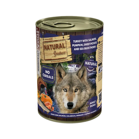 Natural Greatness Lata PAVO con salmón, calabaza, boniato y espino amarillo 400 g para Perros de Natural Greatness disponible en Emperrados para cuidar a tu peludo.