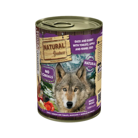 Natural Greatness Lata PATO Y CONEJO con tomate, manzana y semillas de hinojo 400 g para Perros de Natural Greatness disponible en Emperrados para cuidar a tu peludo.