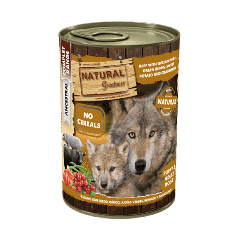 Natural Greatness Lata VACUNO con cerdo ibérico, judías verdes, boniato y arándanos (Puppy & Adult) 400 g para Perros de Natural Greatness disponible en Emperrados para cuidar a tu peludo.