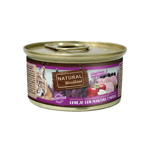 Natural Woodland Lata CONEJO con Manzana y Mora 85 g para Gatos de Natural Greatness disponible en Emperrados para cuidar a tu peludo.