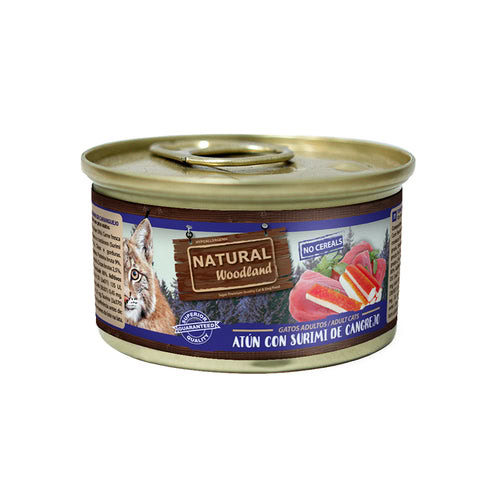 Natural Woodland Lata ATÚN con Surimi de Cangrejo 85 g para Gatos de Natural Greatness disponible en Emperrados para cuidar a tu peludo.