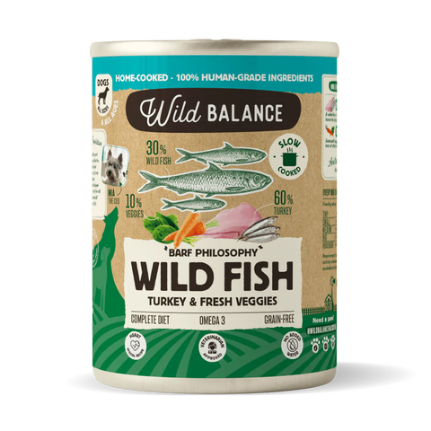 Wild Balance Lata PESCADO y PAVO con Verduras (Comida Cocinada Húmeda-Filosofía BARF) 400 g para Perros de Wild Balance disponible en Emperrados para cuidar a tu peludo.