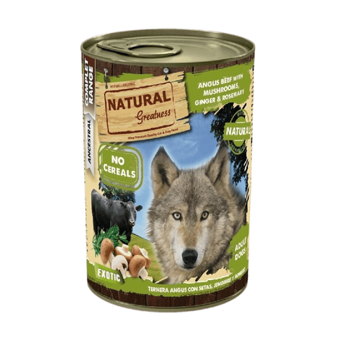 Natural Greatness Lata TERNERA ANGUS con setas, jengibre y romero - Exótica 400 g para Perros de Natural Greatness disponible en Emperrados para cuidar a tu peludo.