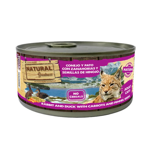 Natural Greatness Lata CONEJO Y PATO con zanahorias e hinojo 185 g para Gatos de Natural Greatness disponible en Emperrados para cuidar a tu peludo.