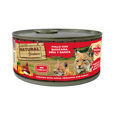 Natural Greatness Lata POLLO con manzana, piña y papaya 185 g para Gatos de Natural Greatness disponible en Emperrados para cuidar a tu peludo.