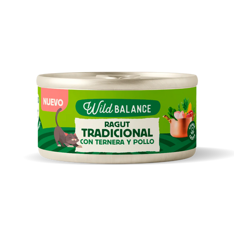 Wild Balance Lata RAGUT con TERNERA Y POLLO (Comida Cocinada Húmeda-Filosofía BARF) 80 g para Gatos de Wild Balance disponible en Emperrados para cuidar a tu peludo.
