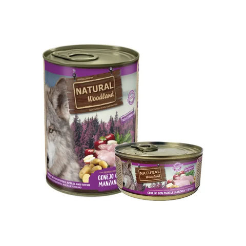 Lata de comida para perros Natural Woodland sabor conejo con patatas, manzana y tomillo