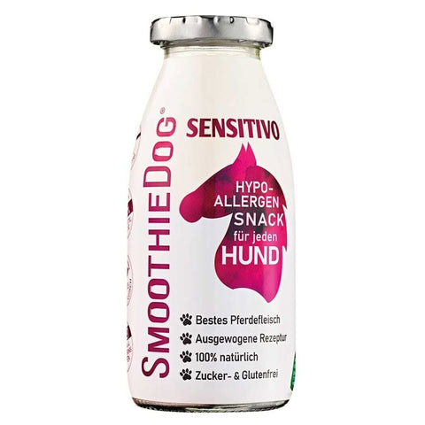 SmoothieDog Snack Líquido SENTISITIVO CABALLO con Chirvía y Calabacín (Hypoalergénico) - Botella Vidrio 250 ml para Perros de Smoothiedog disponible en Emperrados para cuidar a tu peludo.