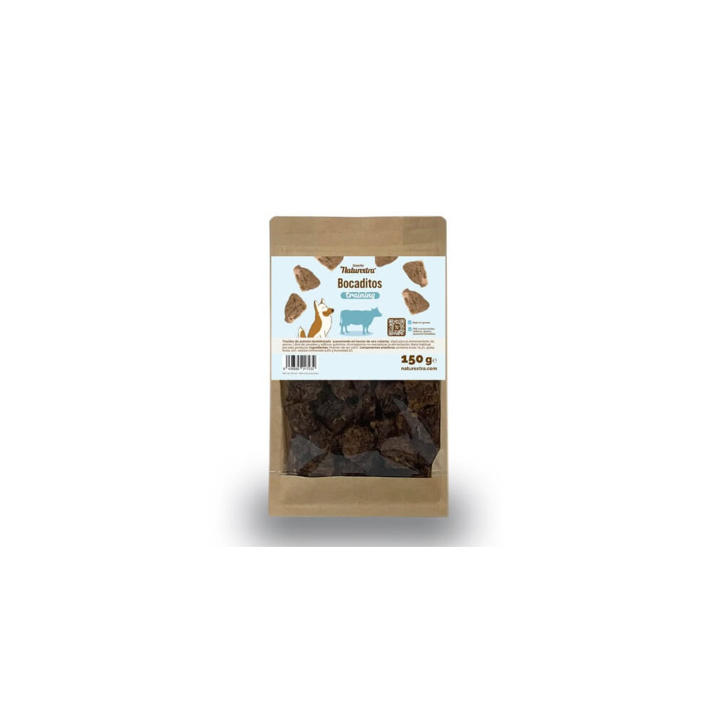 Vista frontal del empaque de Naturextra Bocaditos Training para perros de Emperrados|Detalle de los ingredientes de los bocaditos Naturextra para entrenamiento de perros