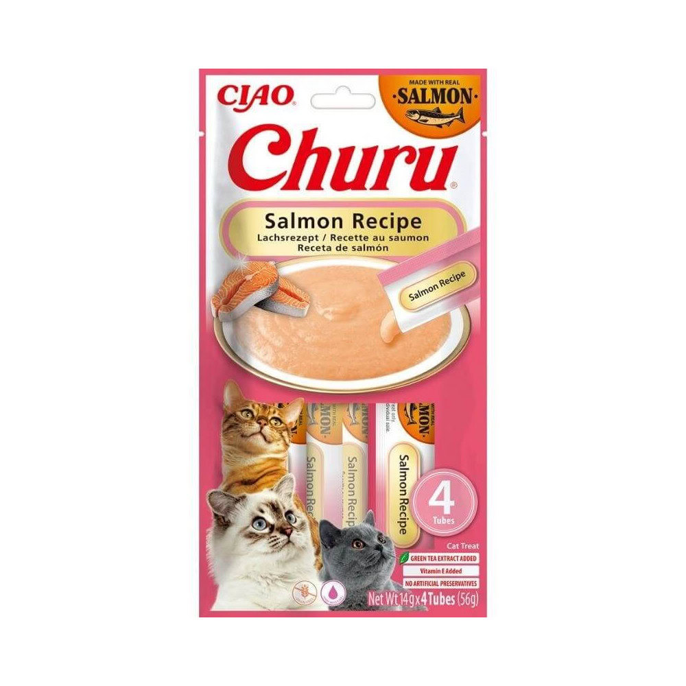 Churu Receta de Salmón Puré para Gatos de Inaba disponible en Emperrados para cuidar a tu peludo.