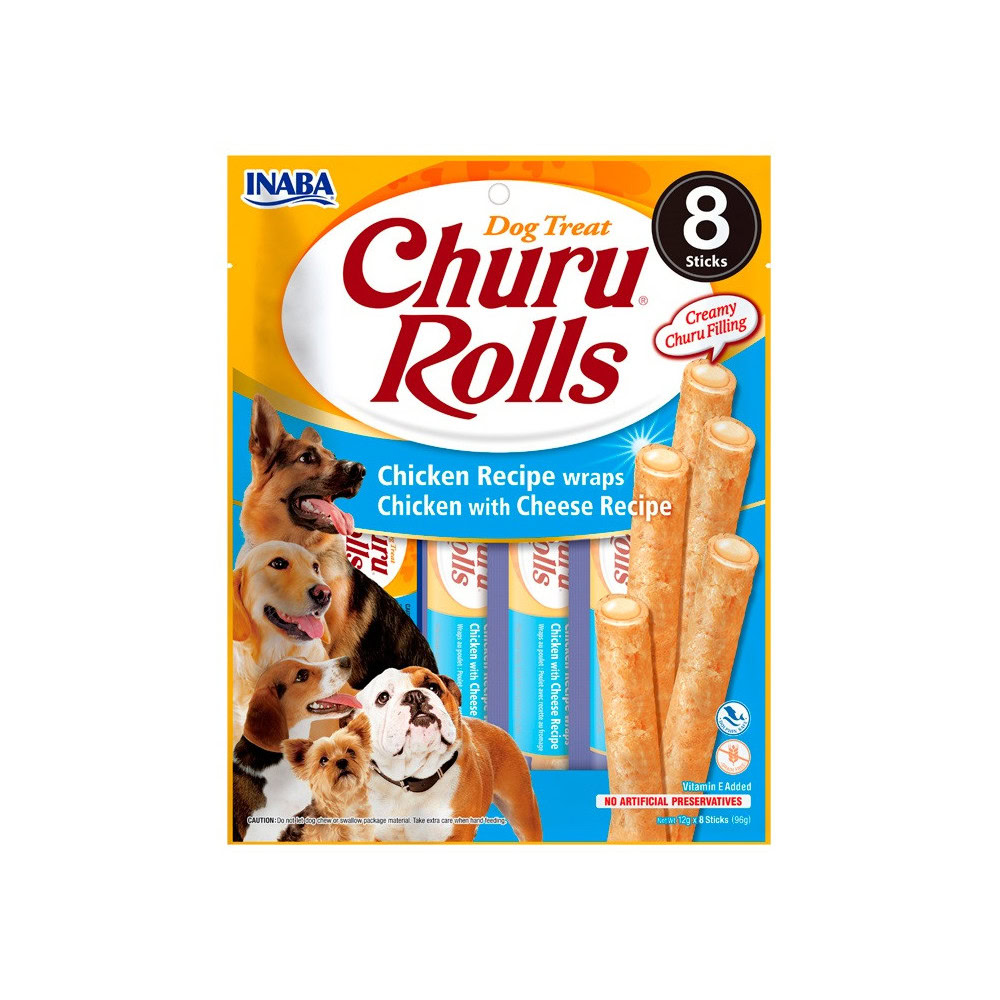 Vista frontal del empaque de Churu Rolls de pollo y queso para perros de Emperrados.|Detalle de los ingredientes del Churu Rolls de pollo y queso de Emperrados.|Perro saboreando un Churu Rolls de pollo y queso de Emperrados en el parque.