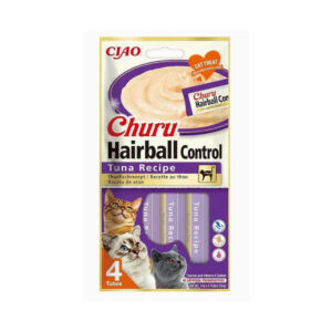 Detalle del envase del Churu Hairball Control Puré de Atún para gatos|Churu Hairball Control Puré de Atún de Emperrados ayuda a controlar las bolas de pelo en gatos