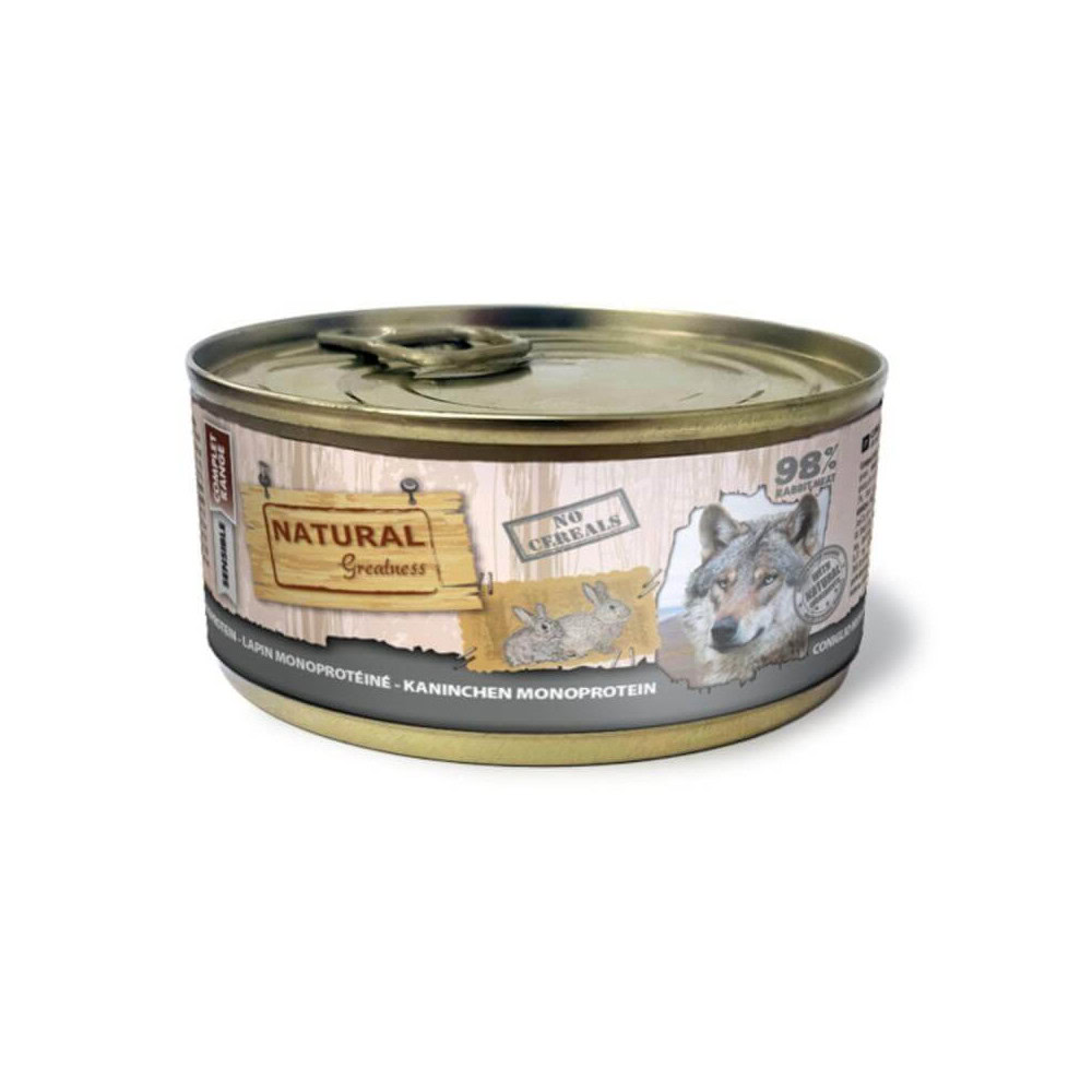 Envase del alimento Conejo Monoproteico Sensitive para perros de Emperrados.|Detalle del ingrediente principal en el alimento Conejo Monoproteico Sensitive para perros.