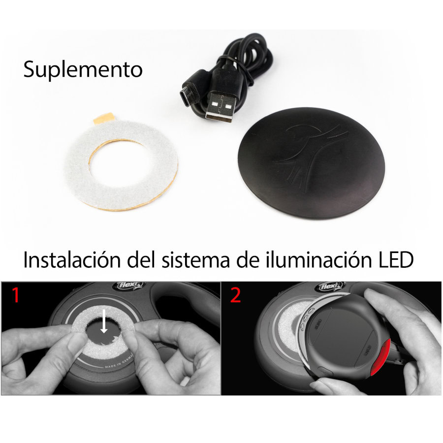 Imagen cercana del accesorio linterna LED Flexi negra de Emperrados.