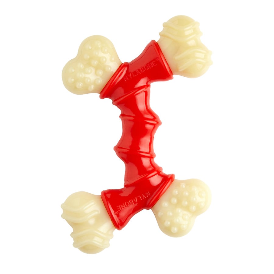 Imagen frontal del Hueso Nylabone de tocino, ideal para perros.