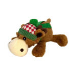 Vista frontal del peluche navideño para perros Kong Holiday Cozie Reno
