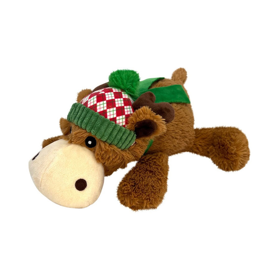 Vista frontal del peluche navideño para perros Kong Holiday Cozie Reno
