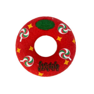 Vista superior del Kong Holiday Donut Squeaker, mostrando su forma perfecta de rosquilla.