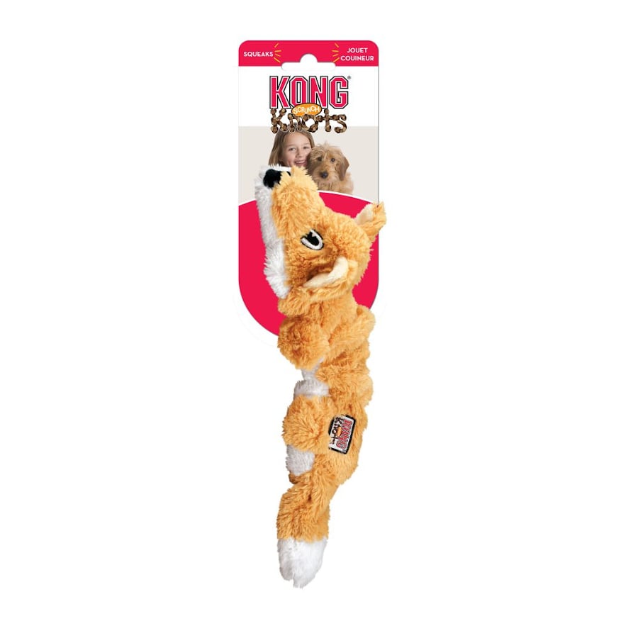 Vista frontal del juguete Kong Scrunch Knots Zorro interactivo para perros de Emperrados