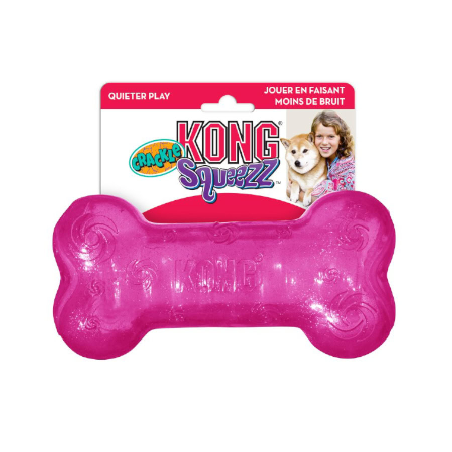 Imagen frontal del Kong Squeezz Crackle hueso para perros disponible en Emperrados.