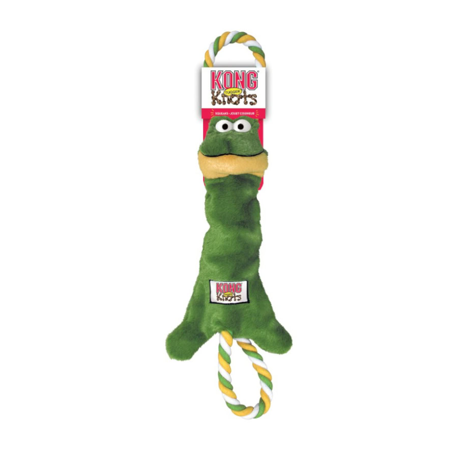 Vista frontal del juguete Kong Tugger Knots Rana perfecto para tu perro.