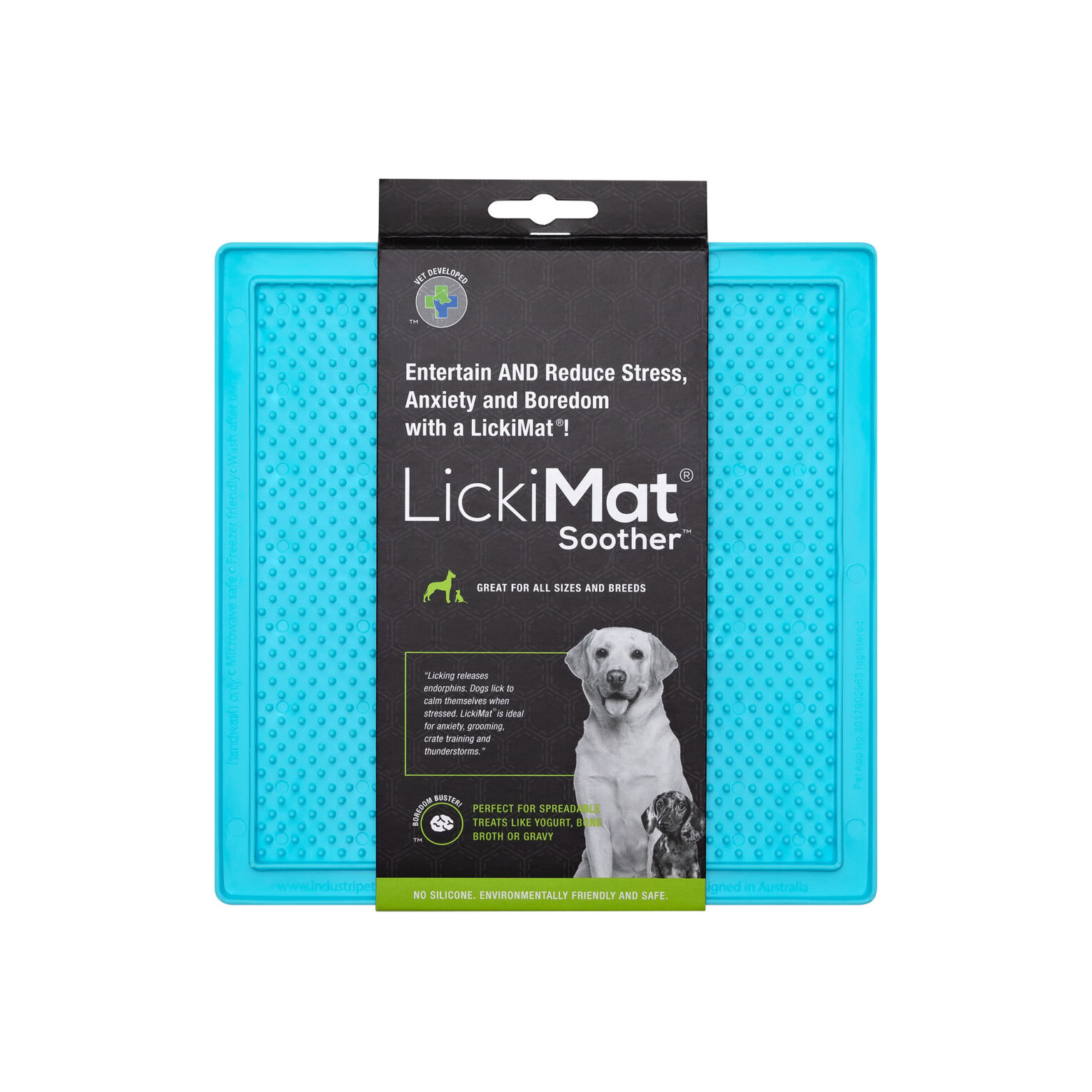 Vista frontal de la LickiMat Mini Soother azul para reducir el estrés en perros.