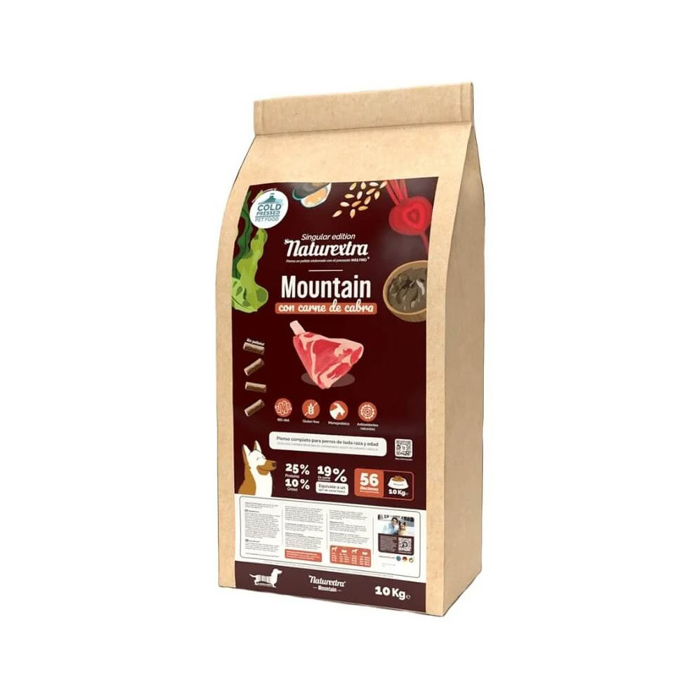 Vista frontal del empaque de Naturextra Mountain Carne de Cabra para perros|Detalle de los ingredientes de Naturextra Mountain Carne de Cabra para perros