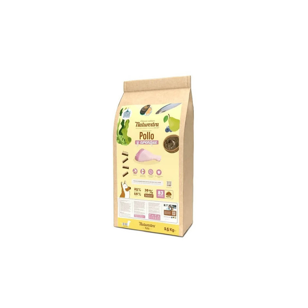 Vista frontal del paquete de Emperrados Naturextra Pollo y Arenque Mini Pellet para perros.|Detalle del ingrediente principal: pollo y arenque en el alimento para perros de Emperrados.|Envase del producto Naturextra Pollo y Arenque Mini Pellet de Emperrados para perros.