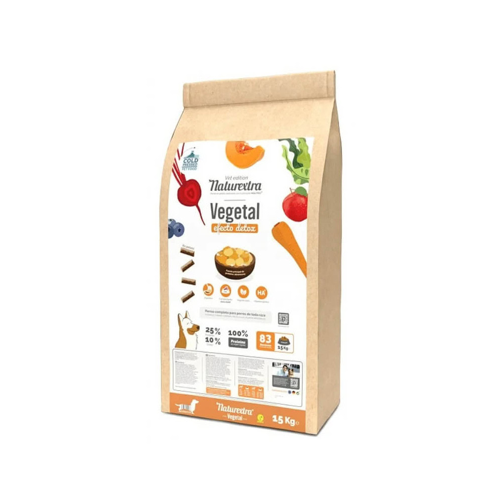 Vista frontal del empaque del Naturextra Vegetal Detox para perros de Emperrados.|Detalle de los ingredientes del producto Naturextra Vegetal Detox de Emperrados.