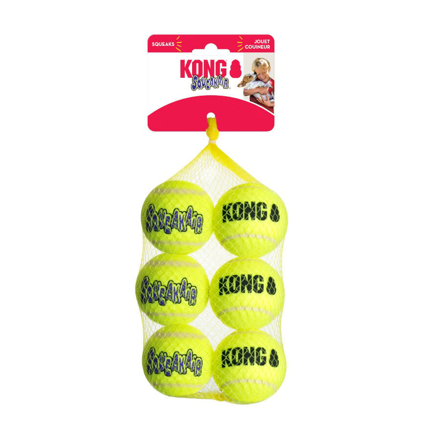 Vista completa del pack de 6 pelotas Kong SqueakAir para perros ofrecidas por Emperrados.