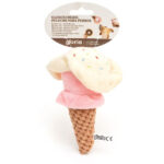 Vista frontal del peluche Gloicream Helado de Emperrados para perros.|Perro jugando con el peluche Gloicream Helado de Emperrados.|Detalle de la textura del peluche Gloicream Helado de Emperrados.|Vista lateral del peluche Gloicream Helado de Emperrados.