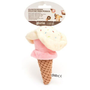 Vista frontal del peluche Gloicream Helado de Emperrados para perros.|Perro jugando con el peluche Gloicream Helado de Emperrados.|Detalle de la textura del peluche Gloicream Helado de Emperrados.|Vista lateral del peluche Gloicream Helado de Emperrados.