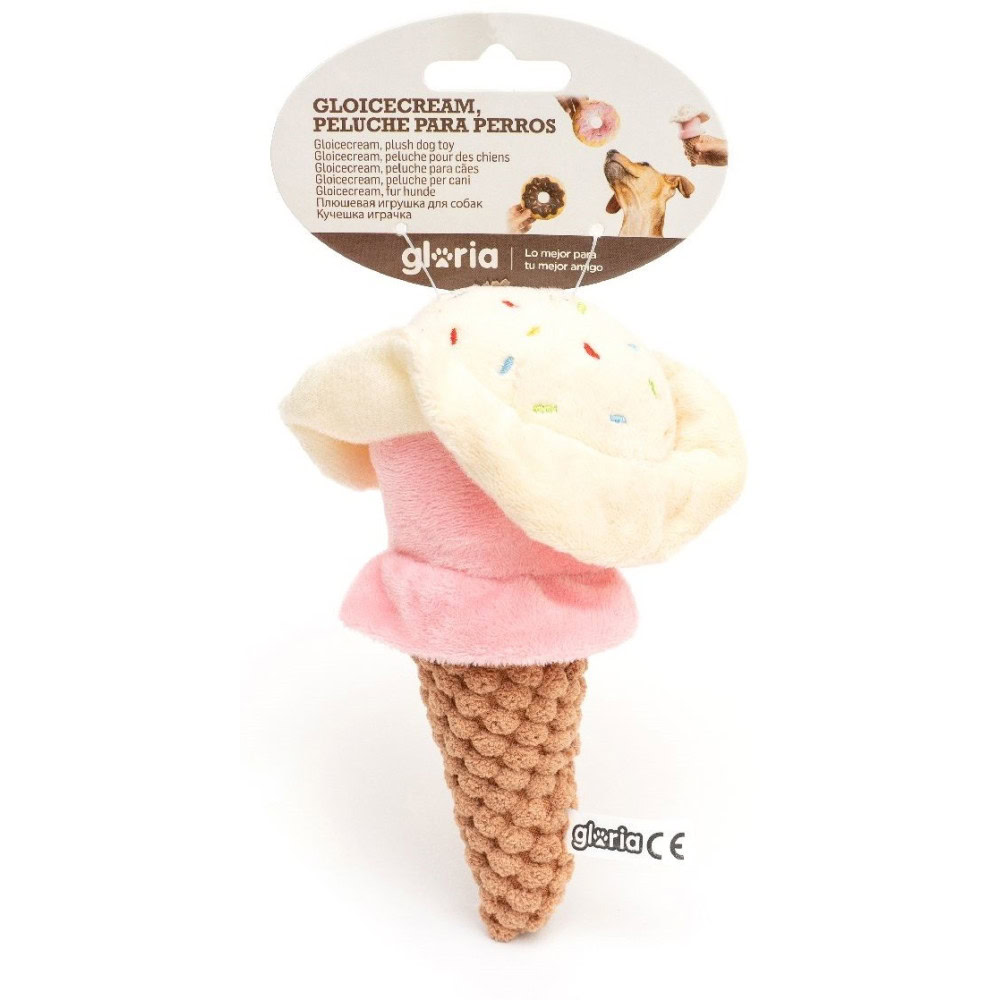 Vista frontal del peluche Gloicream Helado de Emperrados para perros.|Perro jugando con el peluche Gloicream Helado de Emperrados.|Detalle de la textura del peluche Gloicream Helado de Emperrados.|Vista lateral del peluche Gloicream Helado de Emperrados.