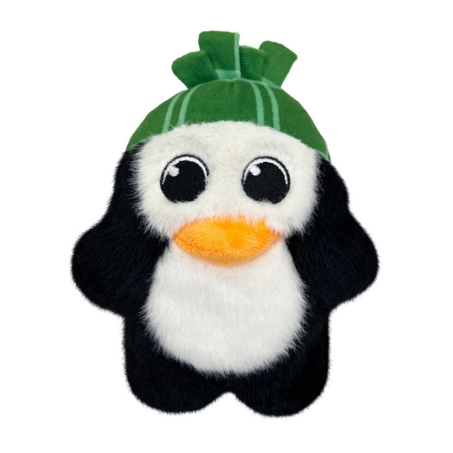Vista frontal del peluche navideño Kong Pingüino para perros