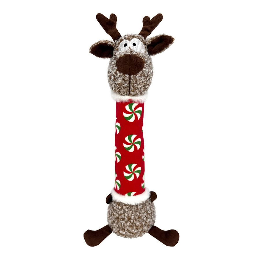 Vista frontal del peluche navideño para perros, ideal para celebrar en familia.