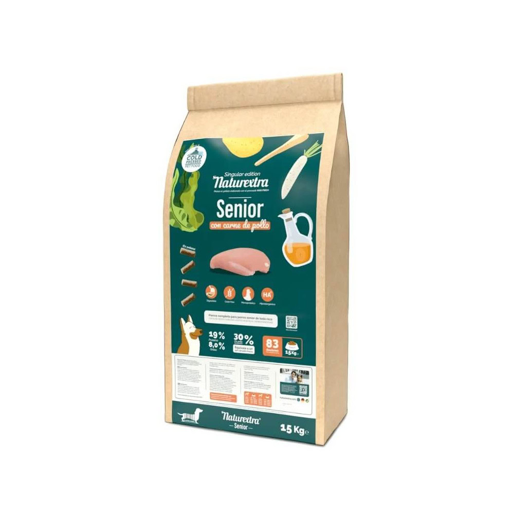 Vista frontal del pienso Naturextra Light Senior de pollo para perros mayores|Detalle de ingredientes del pienso Naturextra Light Senior de pollo para perros
