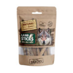 Vista frontal del snack de cordero deshidratado para perros.|Detalle del ingrediente del snack de cordero deshidratado.