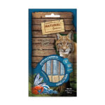Imagen frontal del snack cremoso de atún y cangrejo para gatos de Emperrados.|Close-up del ingredient principal: atún y cangrejo en el snack cremoso.|Envase del delicioso snack cremoso de atún y cangrejo para gatos.