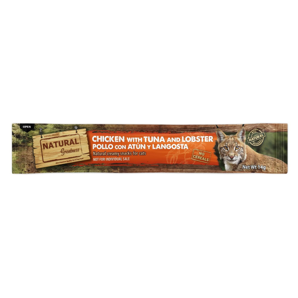 Vista frontal del Snack Cremoso de Pollo y Atún para gatos de Emperrados.|Detalle de los ingredientes del Snack Cremoso de Pollo y Atún para gatos.|Envase del Snack Cremoso de Pollo y Atún para gatos de Emperrados.