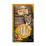 Vista frontal del snack cremoso de pollo y calabaza para gatos de Emperrados.|Primer plano de los ingredientes de pollo y calabaza en el snack para gatos de Emperrados.|Envase abierto del snack cremoso para gatos que muestra el contenido cremoso.