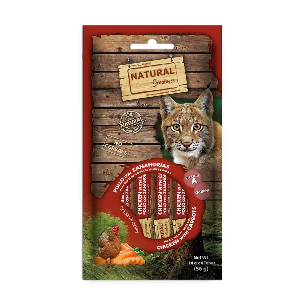 Vista frontal del snack cremoso de pollo y zanahorias para gatos.|Detalle del ingrediente en el snack cremoso para gatos